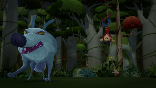 Bild 1 von 6: Tashi hängt am Baum und kann Lotus nicht vor dem Wolf beschützen.