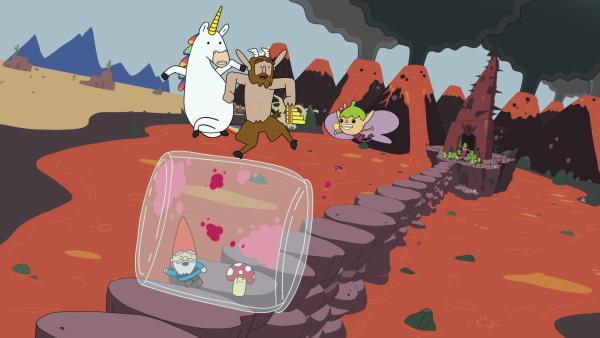 Bild 1 von 2: Auf der Mission: Um das geklaute städtische Marmeladenglas aus den Klauen des Koboldkönigs (r.) zu befreien, kommandiert Hufius (oben, M.) mit den Klängen der magischen Panflöte seine Freunde, Blümchen (oben l.) und Twinkle (oben, r.) sowie Herbert (unter, l.) und Tupfen (unten r.), herum.