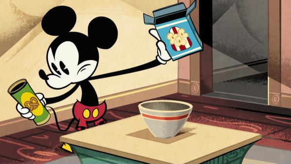 Bild 1 von 11: Micky und Minnie wollen einen Filmabend machen, aber es fehlen die Knabbereien. Als Micky sich aufmacht, diese zu besorgen, wird er von einem heftigen Sturm überrascht.