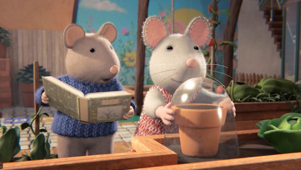 Bild 1 von 2: Sam (l.) und Julia (r.) wollen eine Drachenfrucht heranziehen. Julias Mutter hat ihnen einen Samen gegeben, den sie eingepflanzt haben. Nun heißt es, etwas Geduld haben.