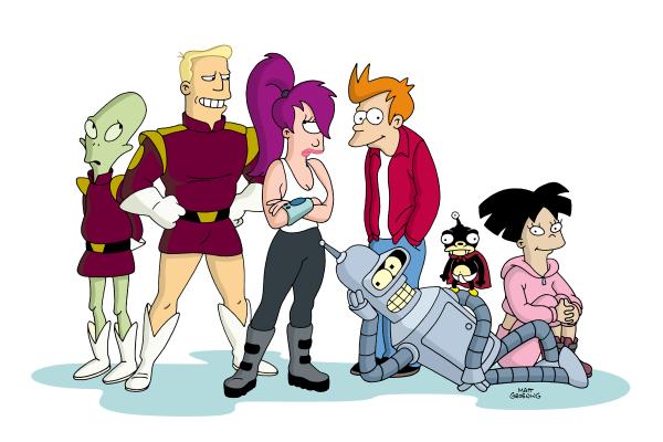 Bild 1 von 19: (6. Staffel) - Futurama - New York und die Welt im Jahr 3000: (v.l.n.r.) Kiff K., Zapp Brannigan, Leela, Fry, Bender, Nibbler und Amy ...