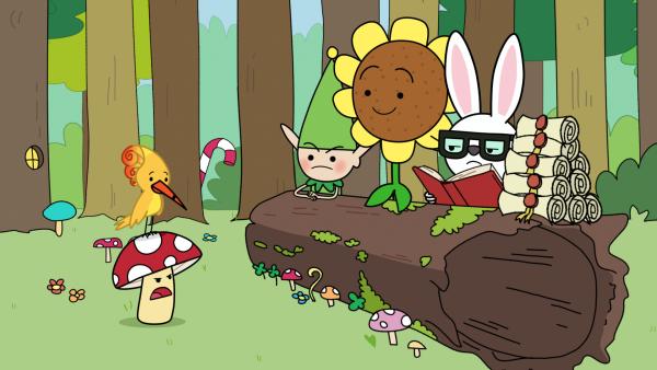 Bild 1 von 3: Eine Phoenix-Holzspechtdame lässt sich auf Tupfens (l.) Kopf nieder und will dort bleiben. Doch Tupfen stört der ungebetene Gast. Vom Rat des Glücks - Meister Heiter (3.v.r.), Sonnenschein (2.v.r.) und Mümmel vom Amt (r.) - erwartet er Hilfe in dieser Angelegenheit.