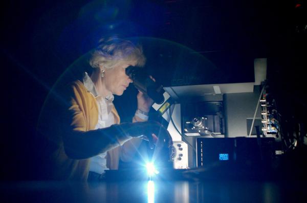 Bild 1 von 6: Zellbiologin Karin Busch justiert ein Präparat unter dem Mikroskop.