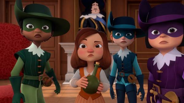 Bild 1 von 3: Noch halten Charlotte (2.v.l.) und die Musketiere Porthos (r.), Athos (2.v.r.) und Aramis (l.) die Flasche mit dem gefährliche Seefeuer in ihren Händen. Der König hatte ihnen die alte Kriegswaffe anvertraut.