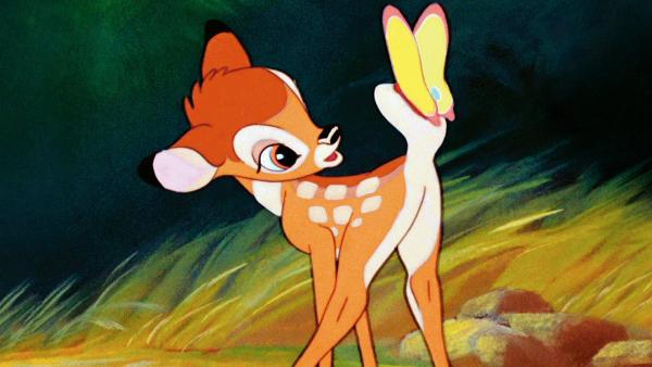 Bild 1 von 5: Hirschbaby Bambi stakst anfangs noch recht unbeholfen an der Seite seiner Mutter durch den Wald. Doch schon bald erforscht es mit seinen beiden Freunden, dem frechen Hasen Klopfer und dem Stinktier Blume, die Umgebung. Auf einen fröhlichen Sommer folgt ein harter Winter, an dessen Ende Bambi seine Mutter verliert - sie wird Opfer der Jäger. Nun muss der Junghirsch auf eigenen Beinen stehen. Zum Glück stehen ihm seine Freunde, sein Vater, der mächtige Leithirsch, und die bezaubernde Hirschdame Feline zur Seite.