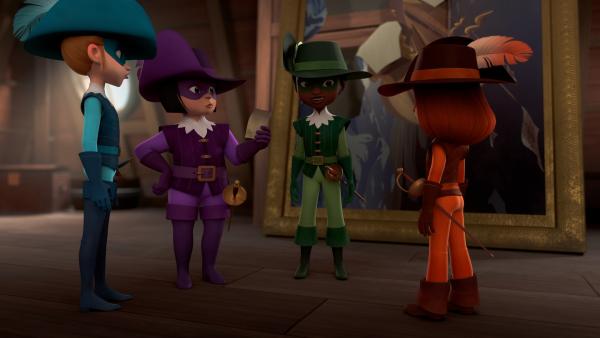 Bild 1 von 2: Die Entschlüsselung der Schatzkarte wird nicht einfach. Die Musketiere beraten sich, wie sie am besten vorgehen sollen. Von links: Athos, Porthos, Aramis und d'Artagnan