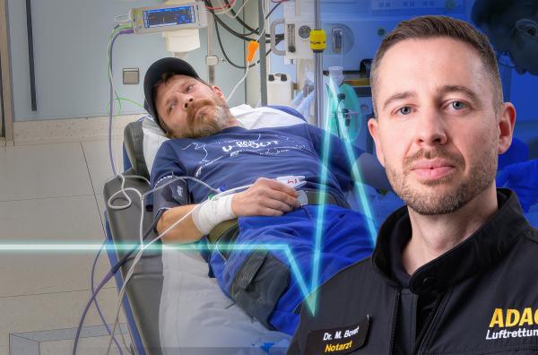 Bild 1 von 1: Dr. Michael Bovet vor Michael, der eine schwere Handverletzung hat. (Bildmontage, Keyvisual)