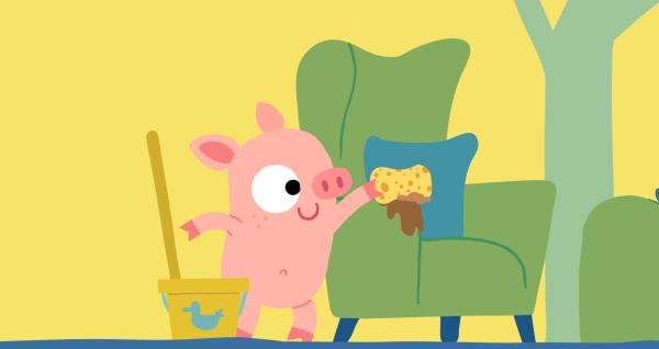 Bild 1 von 3: Das Ferkel will die Wohnung putzen, doch dabei geht einiges schief.