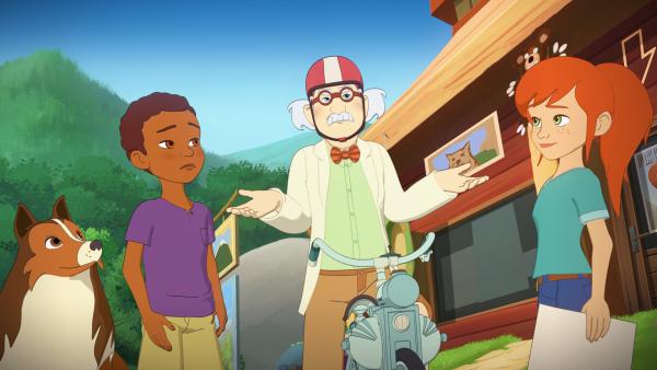 Bild 1 von 2: Der grantige Doc Dudley (Mi.) lehnt das geplante Naturschutzgebiet ab, für das Zoé und Harvey mit Flyern werben.