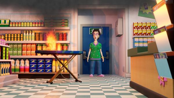 Bild 1 von 3: Dilys ist schockiert über den Brand in ihrem Laden: Normans Pfadfinder-Kluft wäre besser ungebügelt geblieben!