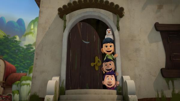 Bild 1 von 6: Die Dorfbewohner freuen sich, dass sie keine Angst mehr vor dem Feuerdrachen haben müssen.