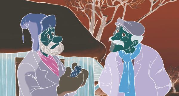 Bild 1 von 2: Gustavsson (r.) bestellt bei Pettersson (l.) hundert solcher Weihnachtsmannfiguren.