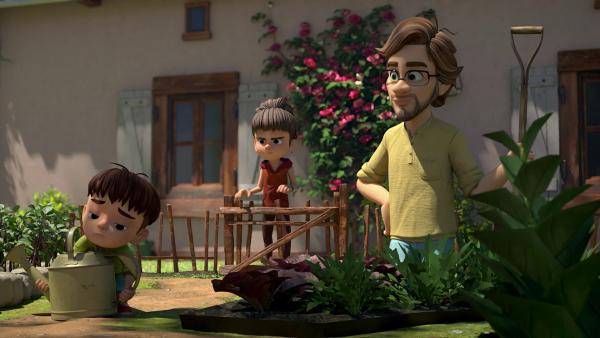 Bild 1 von 4: Kleiner Fuß kann auch seinen Mund halten und zwar nachhaltig, was sein Vater und Bohnenstange mit Erstaunen feststellen.© ZDF/La Station Animation - Honorarfreie Verwendung gemäß AGB im redaktionellen Zusammenhang mit genannter Sendung bei Nennung \