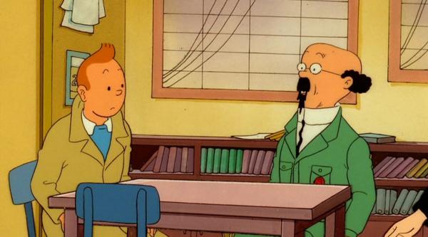 Bild 1 von 2: Nach einer Einladung von Professor Bienlein (r.) reisen Tim (l.), Struppi und Kapitän Haddock nach Syldavien, um an einer Mondmission teilzunehmen. Die Rakete wird zunächst ohne Besatzung gestartet, gerät jedoch außer Kontrolle und wird zerstört, da es offenbar einen Spion in den eigenen Reihen gibt.