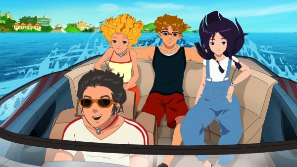 Bild 1 von 4: Emma, Lewis und Cleo fahren mit Zane zu den Dreharbeiten des Kinofilms.