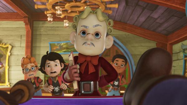 Bild 1 von 5: Der Schulinspektor (2.v.r.) macht ernst und feuert Käpt'n Raubein wegen unerlaubter Streiche von der Academy. Alexander (l.), Zoe (2.v.l.) und Finn (r.) sind entsetzt.