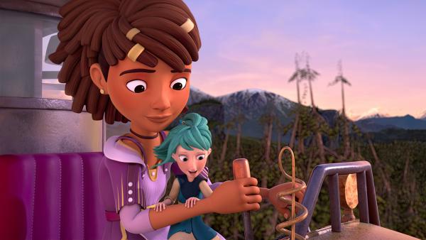 Bild 1 von 3: Ailina (links) und Yuki (rechts) machen sich mit Graylocks Flugmaschine aus dem Staub.