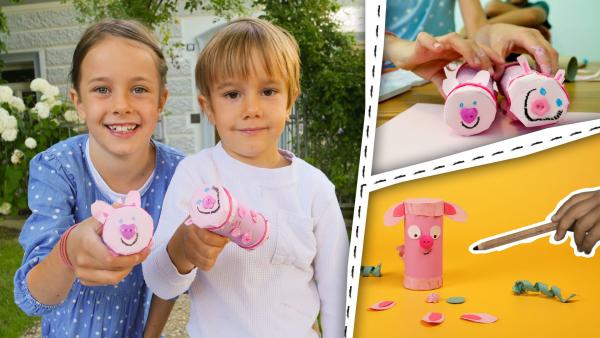 Bild 1 von 2: Kinder basteln rosa Schweinchen.