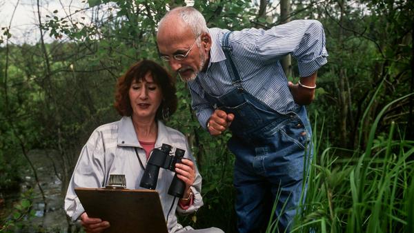 Bild 1 von 1: Frösche, Kröten, Lurche, Molche und Salamander - die Amphibien-Familie ist groß und Peter (Peter Lustig, r.) erforscht sie begeistert mit einer Biologin (Christine Flegel, l.).