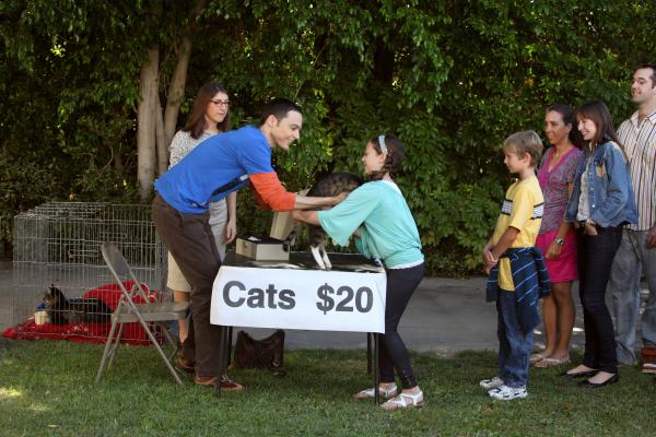 Bild 1 von 4: Nachdem sich die Katzen von Sheldon (Jim Parsons, 2.v.l.) schlagartig vermehrt haben, müssen er und Amy (Mayim Bialik, l.) sich von den Tieren trennen.