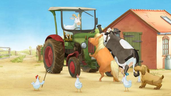 Bild 1 von 3: Alle Tiere helfen mit, den Traktor wieder einzuparken.