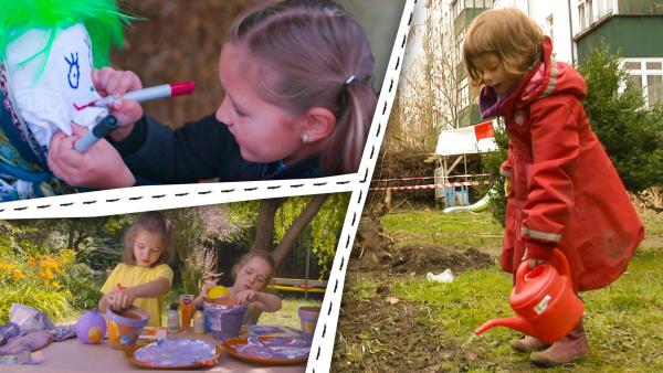 Bild 1 von 2: Kinder basteln und pflanzen Blumen im Garten.