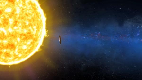 Bild 1 von 3: Beim Vorbeiflug an der Sonne hat Oumuamua an Geschwindigkeit zugelegt. Durch die Einwirkung der Sonne verdampfte vermutlich Eis an seiner Oberfläche, was dem interstellaren Objekt einen Schub verliehen haben könnte.