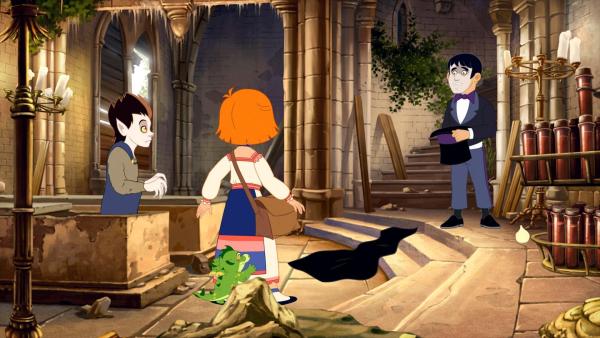 Bild 1 von 14: Im Bild: Lilli, Hektor und Fledermausjunge treffen den Wirt in der Burgruine.
