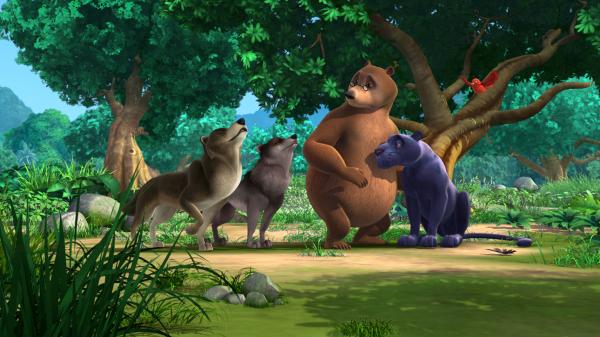 Bild 1 von 6: Balu, Baghira und die Wolfsgeschwister trauern um Mogli. Sie denken, er sei bei dem Sturz in die Schlucht ums Leben gekommen.