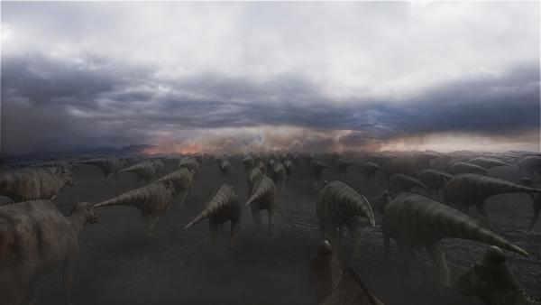 Bild 1 von 13: Viele Hinweise sprechen dafür, dass sich Albertosaurier zu einem wesentlichen Teil von Edmontosauriern ernährt haben, die saisonal als Herden durch ihre Territorien zogen. Doch massive geologische Umbrüche am Ende der Kreidezeit mit Erdbeben und Vulkanausbrüchen zwangen die Edmontosaurierherden zu Umwegen, wodurch sich ihre Ankunft im Gebiet der Albertosaurier verzögerte.