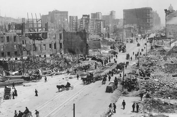 Bild 1 von 6: Am 18. April 1906 verwüsteten die Folgen eines Erdbebens der Stärke 7,8 die Metropole San Francisco und die umliegenden Orte. Das Ereignis gilt als eine der schlimmsten Naturkatastrophen in der Geschichte der USA.