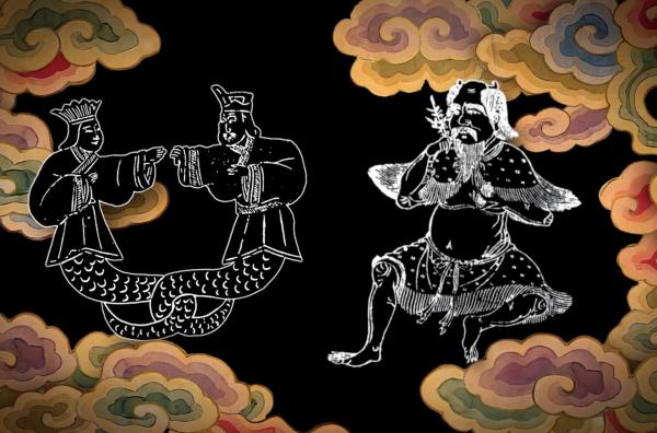 Bild 1 von 2: In der chinesischen Mythologie werden die Ursprünge Chinas auf die drei Erhabenen (Bild) und die fünf Kaiser zurückgeführt. Erstere sollen den Menschen Fischfang und Ackerbau gelehrt haben.