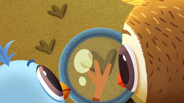 Bild 1 von 1: Odo und Doodle sind auf Spurensuche, um den Vogel zu finden, dem die blaue Feder gehört.© KiKA/Sixteen South & Letko - Honorarfreie Verwendung gemäß AGB im redaktionellen Zusammenhang mit genannter Sendung bei Nennung \