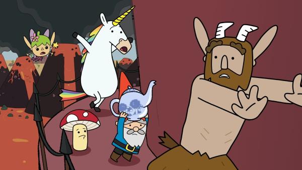 Bild 1 von 2: Die Helden Twinkle, Tupfen, Blümchen, Herbert und Hufius (von links) haben die, zuvor vom Koboldkönig gestohlene, Teekanne zurückerobert.