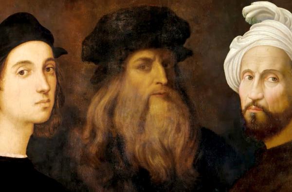 Bild 1 von 1: Der gleichzeitige Aufenthalt von Raffael, Leonardo da Vinci und Michelangelo (v.l.) in Rom markiert den Höhepunkt der italienischen Hochrenaissance.