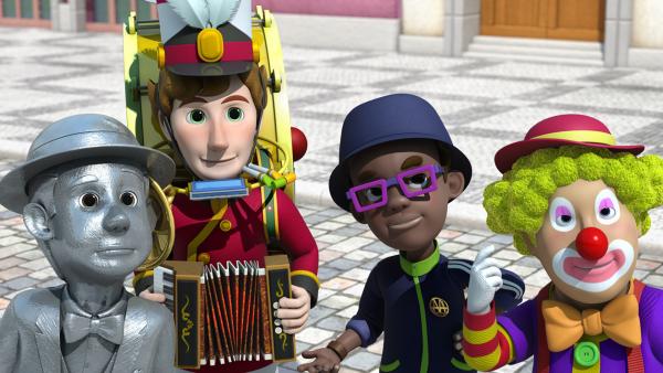 Bild 1 von 5: Die Straßenkünstler von Prag wollen Jett bei der Suche nach Marek helfen.
© KiKA/FunnyFlux/QianQi/EBS/CJ E&M - Honorarfreie Verwendung gemäß AGB im redaktionellen Zusammenhang mit genannter Sendung bei Nennung \