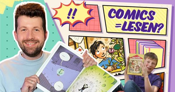 Bild 1 von 1: Tim stellt mit Hilfe unserer Buchtester spannende Bücher vor! Und klärt: Sind Comics auch Bücher? Und gibt es eigentlich Bücher für blinde Menschen?© KiKA/dtv Verlagsgesellschaft mbH & Co. KG/ Klett Kinderbuch - Honorarfreie Verwendung gemäß AGB im redaktionellen Zusammenhang mit genannter Sendung bei Nennung \