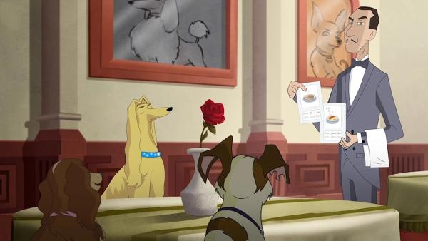 Bild 1 von 3: Dandy, seine Hundefreundin Madeleine und der etwas eingebildete Flappy sitzen in einem Hunderestaurant und bestellen ihr Essen beim Kellner.