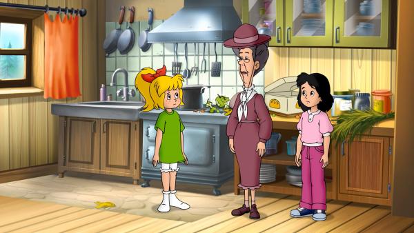 Bild 1 von 6: Bibi (l.), Moni (r.) und Frau Müller-Riebensehl (M.) rätseln über Tannenzapfen in der Küche.