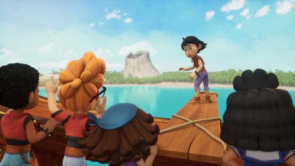 Bild 1 von 4: Ein Kunstsprung von der Planke ins Meer ist für Zoe (2.v.r.) eigentlich ein Kinderspiel. Aber heute will sie den Wettkampf auf keinen Fall gewinnen. Finn (l.)Alexander (2.v.l.), Finn, Klaus (M.) und Dolores (r.) warten gespannt.