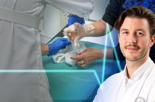 Bild 1 von 1: Dr. Patrick Rhodius, hinter ihm eine OP-Szene. (Bildmontage)
