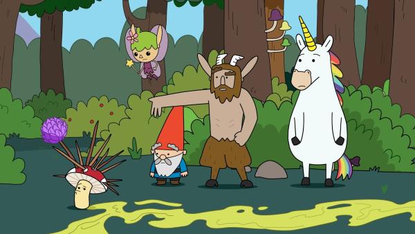 Bild 1 von 2: Tupfen (links) ist in einen Kaktus geraten. Die Freunde Twinkle, Herbert, Hufius und Blümchen erschrecken, als sie die Stachel in Tupfens Pilzkappe sehen.