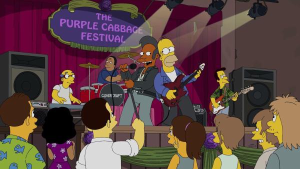 Bild 1 von 32: Kirk, Dr. Hibbert, Apu, Homer und Lovejoy (v.l.n.r.) legen einen Auftritt auf einem Musikfestival hin. Haben sie damit Erfolg?