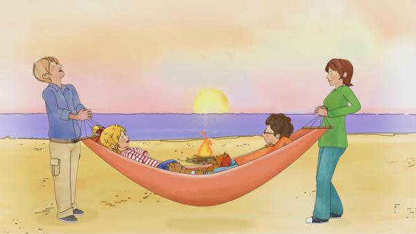 Bild 1 von 2: Nach einer aufregenden Gewitternacht im Zelt ist erst einmal Erholung angesagt, zumindest für Conni und Simon!