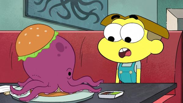 Bild 1 von 10: a) Als die Greens in einem Fischrestaurant speisen, wollen Cricket und Tilly einen lebenden Oktopus retten. Cricket und Gloria setzen sich erbittert für ihre Lieblingsdinge ein. b) Beim Ballspielen demolieren die Kinder das Café nebenan.
