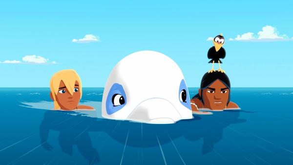 Bild 1 von 3: Yann (l.), Zoom (M.) und Auru (r.) sind mit John-Sebastian (oben) auf der Suche nach der Ursache für das plötzliche Auftauchen zahlreicher Vögel im Dorf auf der Insel Maotou.