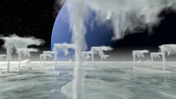 Bild 1 von 3: Stickstoff-Geysire schießen aus der eisigen Oberfläche des Neptunmondes Triton.