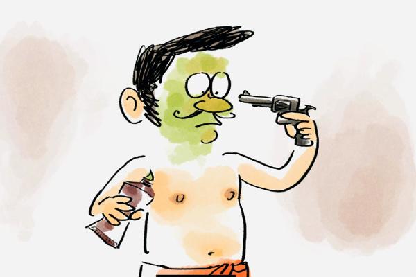 Bild 1 von 3: Als guter Wissenschaftler testete Percy die schusssichere Salbe mit einem Revolver an sich selbst.