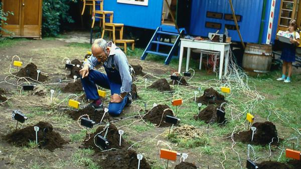 Bild 1 von 1: Mit einer besonderen Alarmanlage möchte Peter Lustig den Maulwurf in seinem Garten fangen.