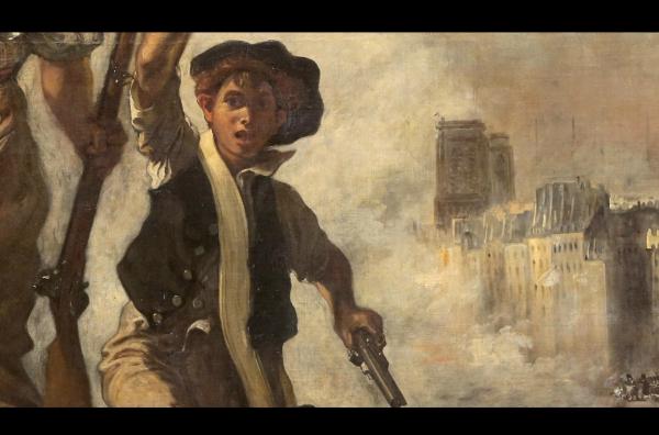 Bild 1 von 4: Ausschnitt aus Delacroix' Gemälde ?Die Freiheit führt das Volk?: Ein junger Mann mit Pistole symbolisiert die revolutionäre Jugend, im Hintergrund zeichnen sich die Umrisse von Paris und die Rauchwolken der Aufstände ab.